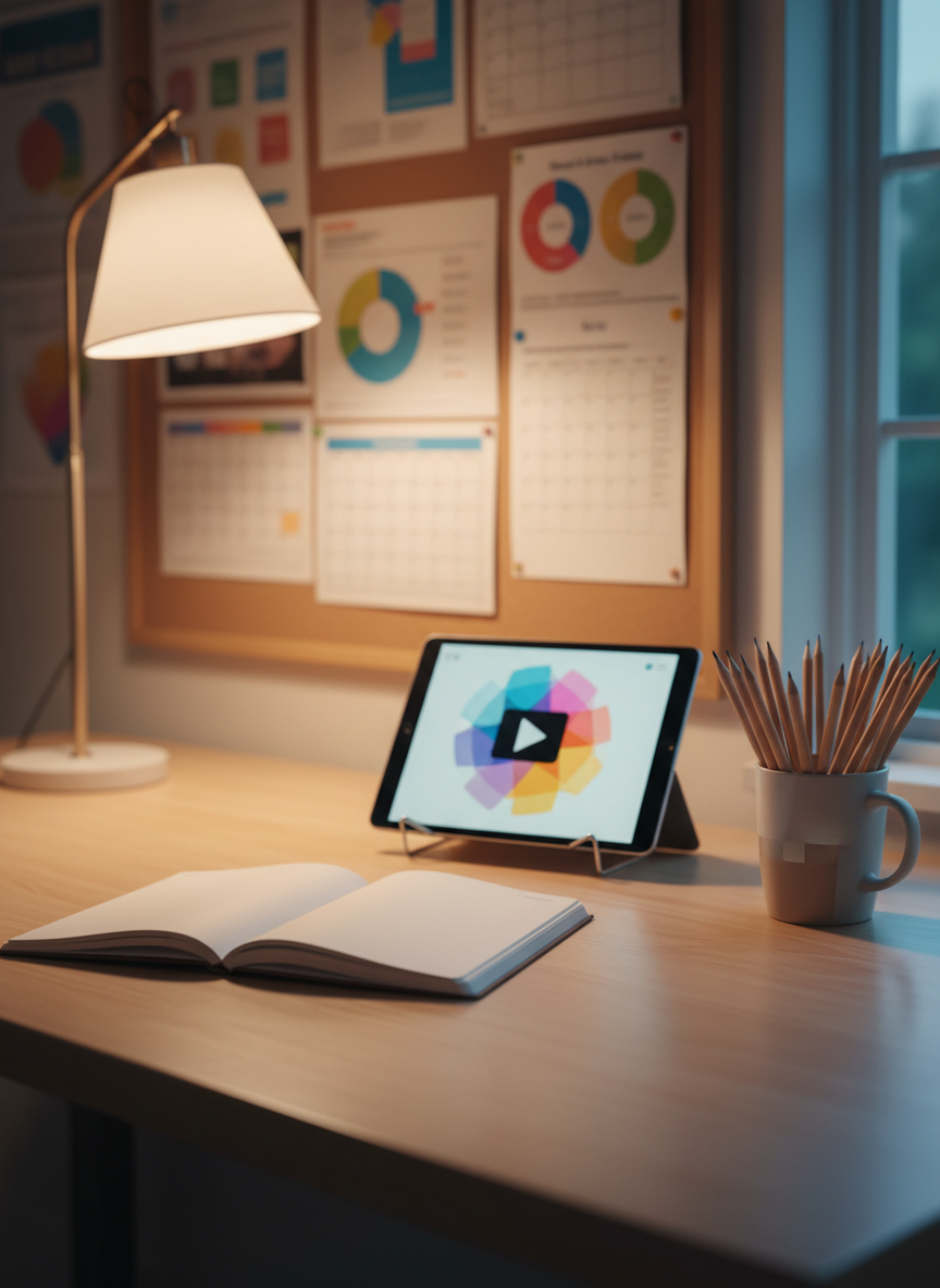 A tidy homework and study corner inspired by a fifth-grade classroom, featuring a smooth, light-wood table with an open, text-free notebook, a tablet propped on a stand showing an abstract video thumbnail, and a neatly arranged row of sharpened pencils in a ceramic cup. Behind, a corkboard holds colorful but unreadable charts and calendars, suggesting organized school-year planning. Soft warm desk-lamp light combines with diffused evening window light, casting gentle overlapping shadows and a cozy glow on the tabletop. Photographic realism with a clean, modern aesthetic, framed at eye level with shallow depth of field so the study surface is crisp while the background softly blurs, creating a focused, sophisticated yet age-appropriate atmosphere for homework and tutoring.